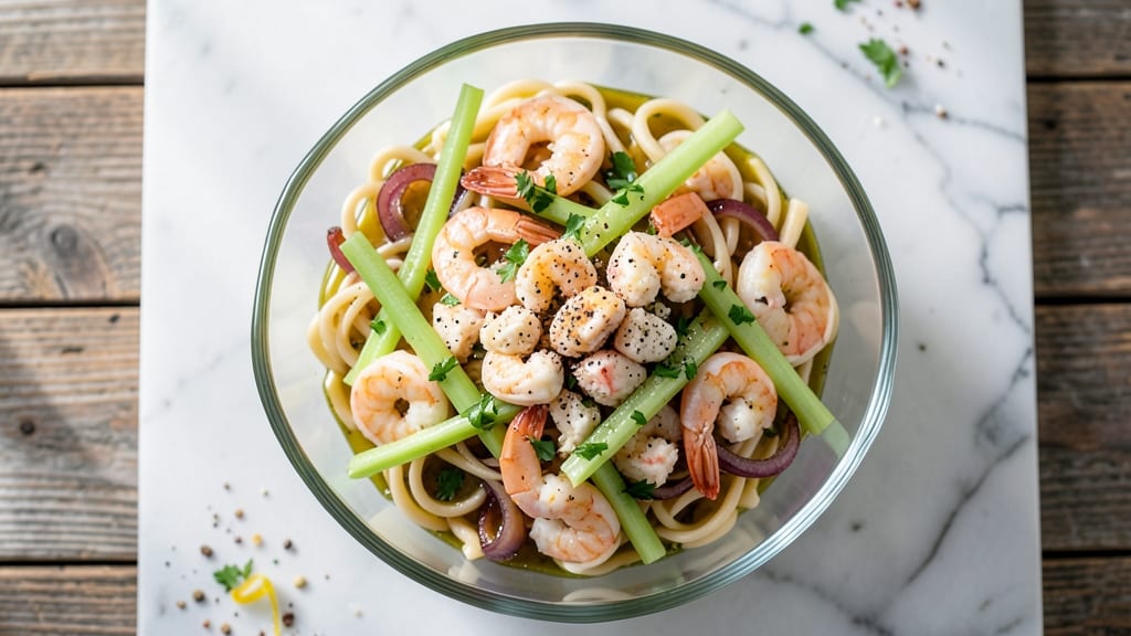 Cold Seafood Pasta Salad Recipe With Crabmeat And Shrimp: Lemon-Zest Brightness and Crunchy Celery Crowns