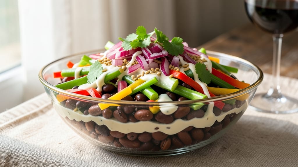 7 Layer Bean Salad Recipe: Crunchy Celery Crowns and Creamy Herb Cheese Harmony
