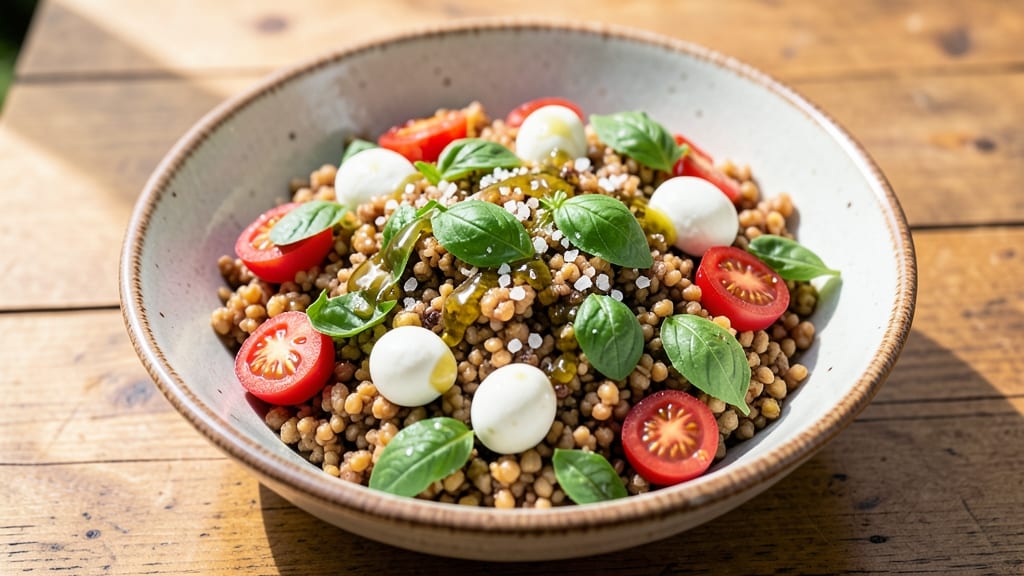 Caprese Farro Salad Recipe: Bright Tomato Basil Crunch With Al Dente Grains