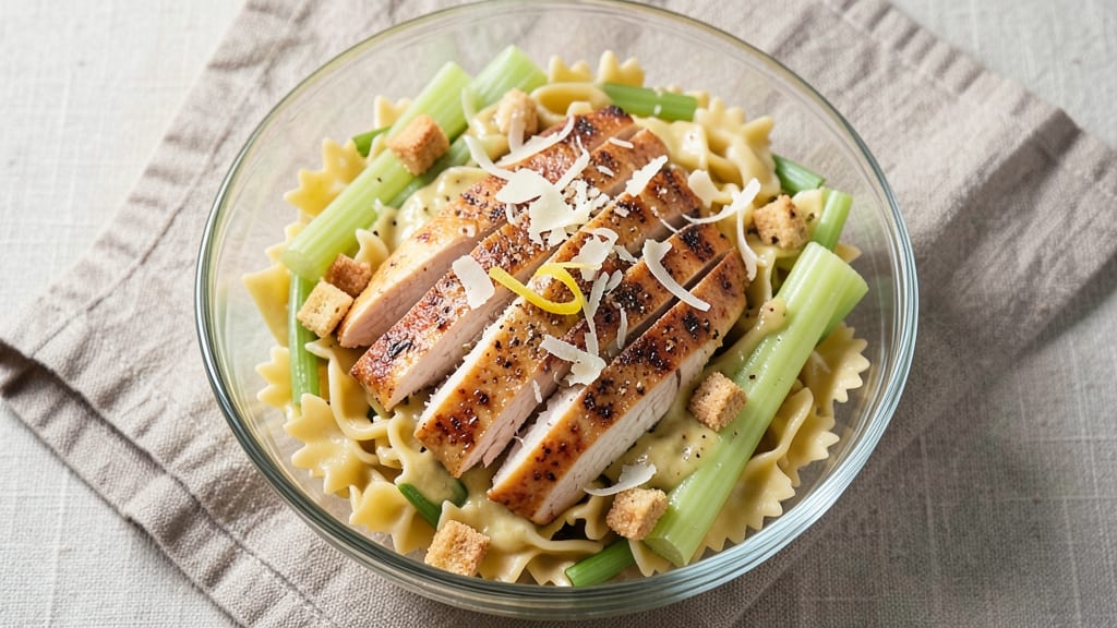Chicken Caesar Bowtie Pasta Salad Recipe: No-Cook Celery Crowns Stay Crunchy for Days
