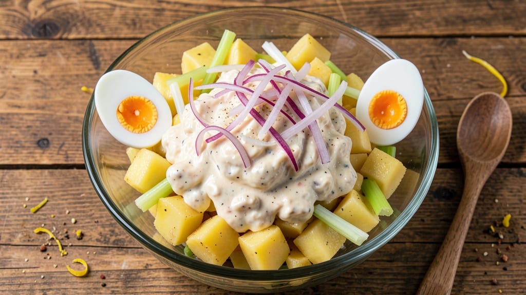 Clara's Tidbits Potato Salad Recipe: Classic Cream Cheese Crunch With Celery Crowns