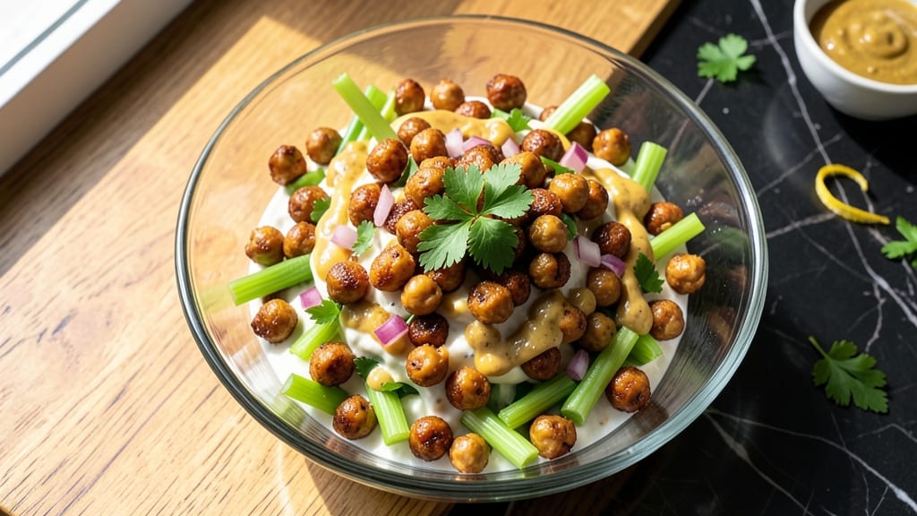 Chickpea Chicken Salad Recipe Vegan: Crunchy Celery Crowns With Creamy Tahini Dressing