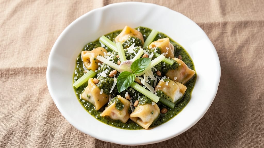 Cheese Tortellini Pesto Salad Recipe: Crisp Celery Crowns and Fresh Basil Zing