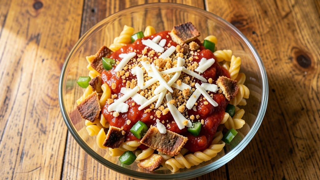Cold Pizza Pasta Salad Recipe: Crispy Croutons and Cheesy Bites