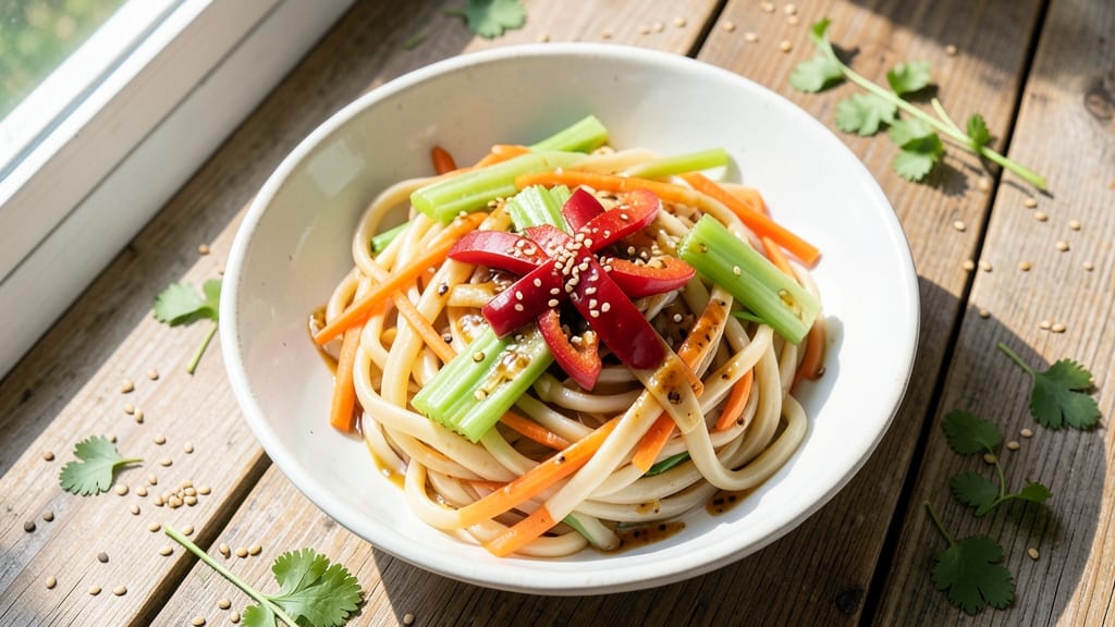 Cold Udon Salad Recipe: Crisp Celery Crowns and Sesame-Ginger Dressing